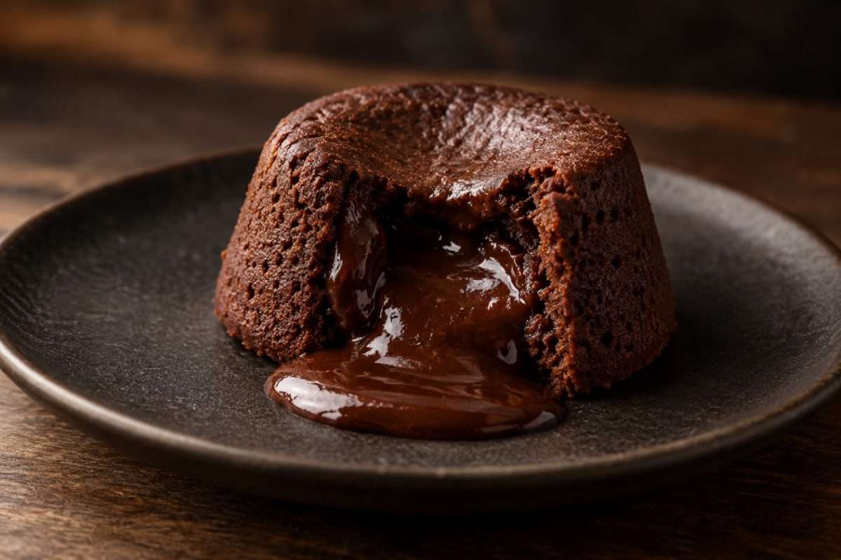 Coulant de chocolate abierto con su centro fundido; imagen ilustrativa creada con IA