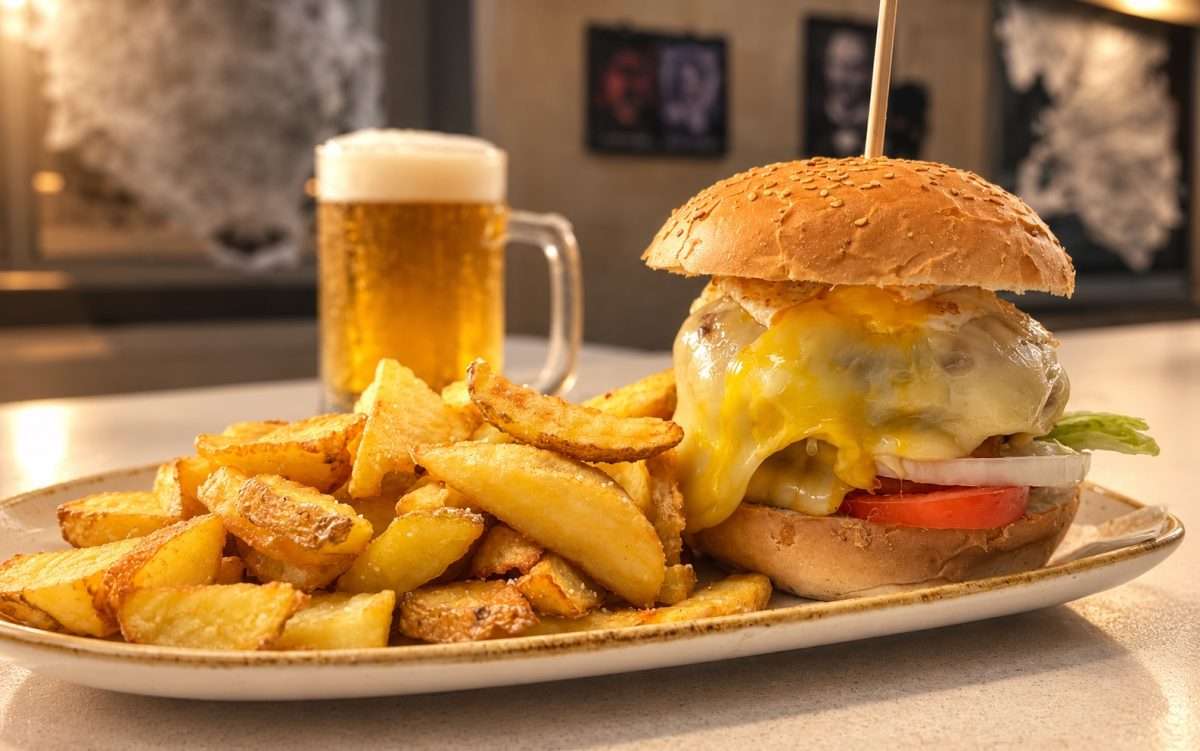 Hamburguesa con patatas en una mesa de Chambers Café, recreada con IA a partir de una fotografía original del local