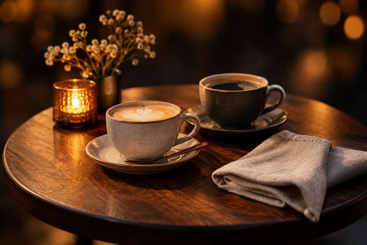 Mesa de café para dos con luz cálida y fondo desenfocado, sin mostrar un local; imagen ilustrativa creada con IA